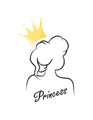 Princess word quote, t-shirt print template. Hand drawn girl silhouette.