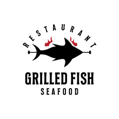 Grilled fish with grill for seafood restaurant logo