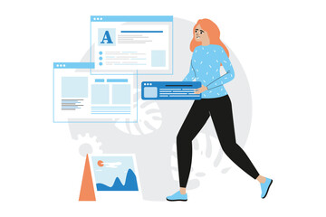 Blue concept content manager with people scene in the flat cartoon design. Employee works on creating content for websites. Vector illustration.