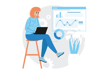Data analysis blue concept with people scene in the flat cartoon design. Woman creates diagrams and charts based on data analysis. Vector illustration.