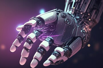 Artificial Intelligence. Human hand touches robot hand. Innovation in industry. Global automation
