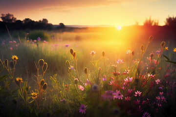 Sunset in meadow with wildflowers, generative art