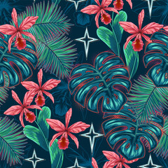 Seamless fantasy pattern with tropical foliage, halftone shapes. Monstera, palm leaves, orchid, stars. Neon glowing backlight. Vintage illustration for prints, textile design