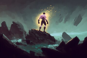 Fototapeta premium superhuman with glowing arms standing on the rocks, digital art style, illustration painting, Generative AI