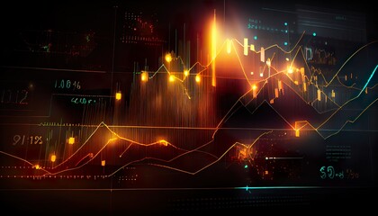 Fototapeta premium Financial graphs, glowing lines and diagram on digital screen. Trading market and economic concept. Financial crisis and inflation