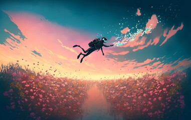 Obraz na płótnie Canvas Surreal scene of a diver floating in the air over a field of flowers at dusk, digital art style, illustration painting, Generative AI
