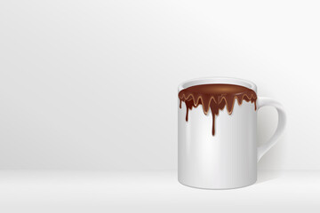 A mockup of a mug with liquid chocolate standing on the surface. 3D vector image.