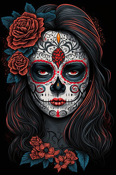 Illustration of face painted girl for dia de los muertos