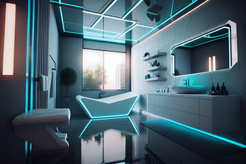 Interior of luxurious future bathroom, generative art