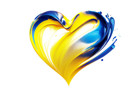 Blue and yellow abstract heart paint splatter. Symbol of Ukraine love on white background, War in Ukraine. Transparent png. Generative ai