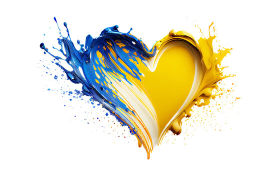 Blue and yellow abstract heart paint splatter. Symbol of Ukraine love on white background, War in Ukraine. Transparent png. Generative ai
