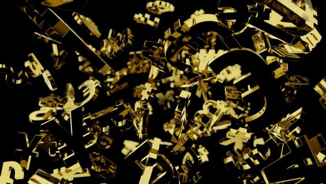 Bottom view of Gold Bars in shape of currencies symbol Falling and Hit the Ground, dollar, yen , euro, bitcoins and others