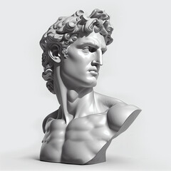 Head of statue, David sculpture bust, 3D gypsum head. Generative Ai. Y2K trendy style. On white background. - obrazy, fototapety, plakaty