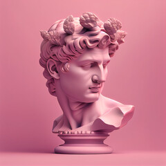 Head of statue, David sculpture bust, 3D gypsum head. Generative Ai. Y2K trendy style. On pink background. - obrazy, fototapety, plakaty
