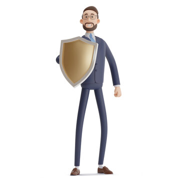 3D cartoon character smart Alex with gold shield. Protection and Insurance concept. Safe and secure
