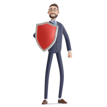 Safety and protection in business. businessman smart Alex standing with red shield. 3d illustration