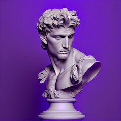 Head of statue, David sculpture bust, 3D gypsum head. Generative Ai. Y2K trendy style. On purple background.