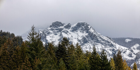 View of The Groppo Rosso mount covered with snow in winter time, Aveto Valley, province of Genoa, Italy.