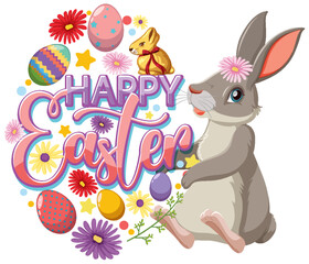 Happy Easter with Cute Bunny for Banner or Poster Design