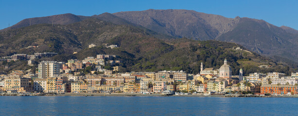 Panoramic view of Genoa Pegli from the sea, Italy