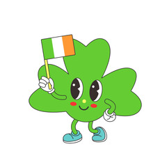 St. Patricks Day clover shamrock symbol with Ireland flag. Groovy, trendy 70s cartoon style.