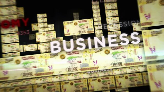 Madagascar Ariary money loop 3d animation. Camera flying between MGA banknotes. Finance, economy, crisis, business success, recession, debt and tax seamless looped concept.