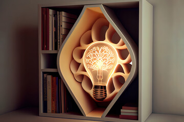 3d bookshelf in form of bulb. Generative Ai