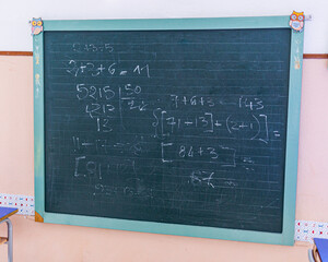 Lavagna appesa al muto con su scritto varie operazioni matematiche