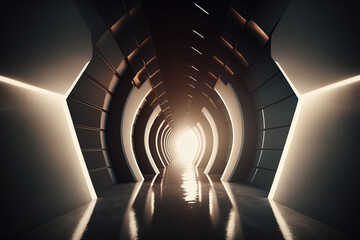 abstract tunnel corridor with rays of light as a futuristic and technological concept. Created with Generative AI Technology