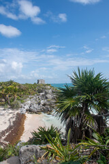 Coast at Tulum Yucatan Mexico with Mayan Building in distance