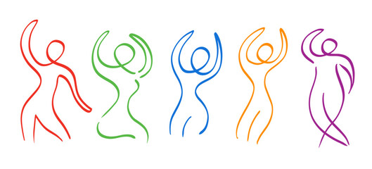 Group of dancing people shapes. Hand drawn icon women figure set