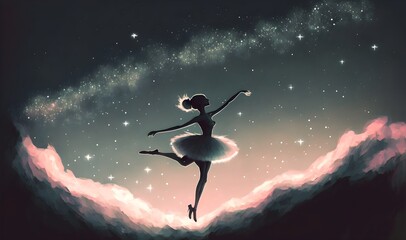 a ballerina dancing with fireflies on the hill against the night sky, digital art style, illustration painting, Generative AI