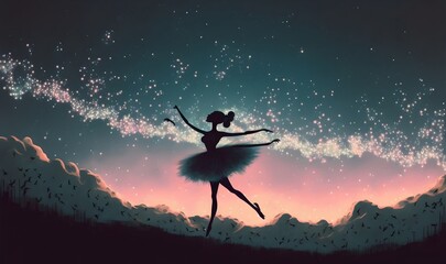 Obraz na płótnie Canvas a ballerina dancing with fireflies on the hill against the night sky, digital art style, illustration painting, Generative AI