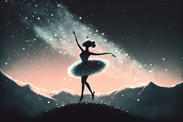 a ballerina dancing with fireflies on the hill against the night sky, digital art style, illustration painting, Generative AI