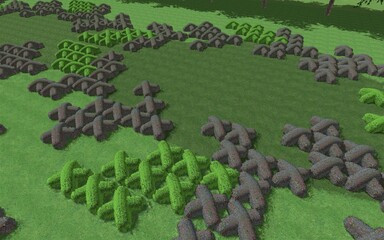 Fototapeta premium 3D illustration of modern landscape architecture. Modular topiary garden with clipped borders in the form of crosses. Background computer rendering of landscape design.