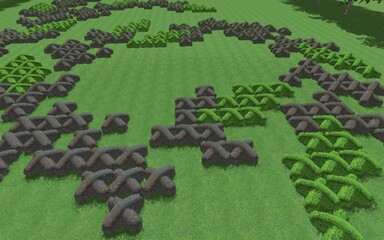 Fototapeta premium 3D illustration of modern landscape architecture. Modular topiary garden with clipped borders in the form of crosses. Background computer rendering of landscape design.