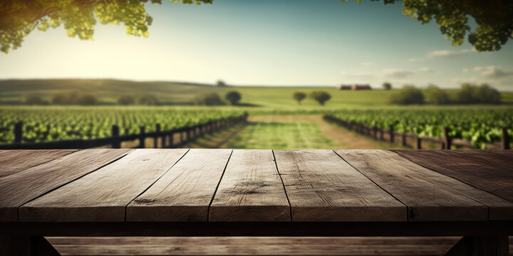 Plateau de table en bois ancien avec fond flou de vignoble et de raisin. Table pour présentation de produits vinicoles. Bannière de présentation d'un établissement viticole.