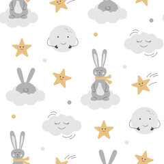 Seamless pattern with of cute rabbit, moon and star. Childish background with cartoon clouds and stars in hand drawn style. Pattern time to sleep. Vector illustration. Design for textile, paper, cloth