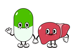 Obraz premium Cute, funny happy liver and pill character. Vector hand drawn cartoon kawaii characters, illustration icon. Funny cartoon liver and pill friends concept