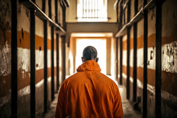Handcuffed Prisoner in orange suit waiting for Death Penalty. Neural network AI generated art