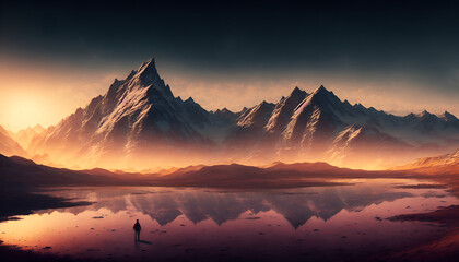 A snowy mountain landscape with a blue sky and clouds create with generative ai technology