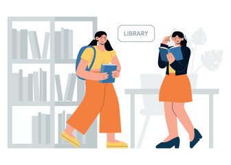 Students in the library. Reading books and education process, knowledge and study. Flat vector illustration with people