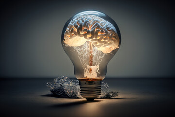 Concept of brain in a lightbulb. Creative Idea with Brain and Light Bulb. Generative Ai	