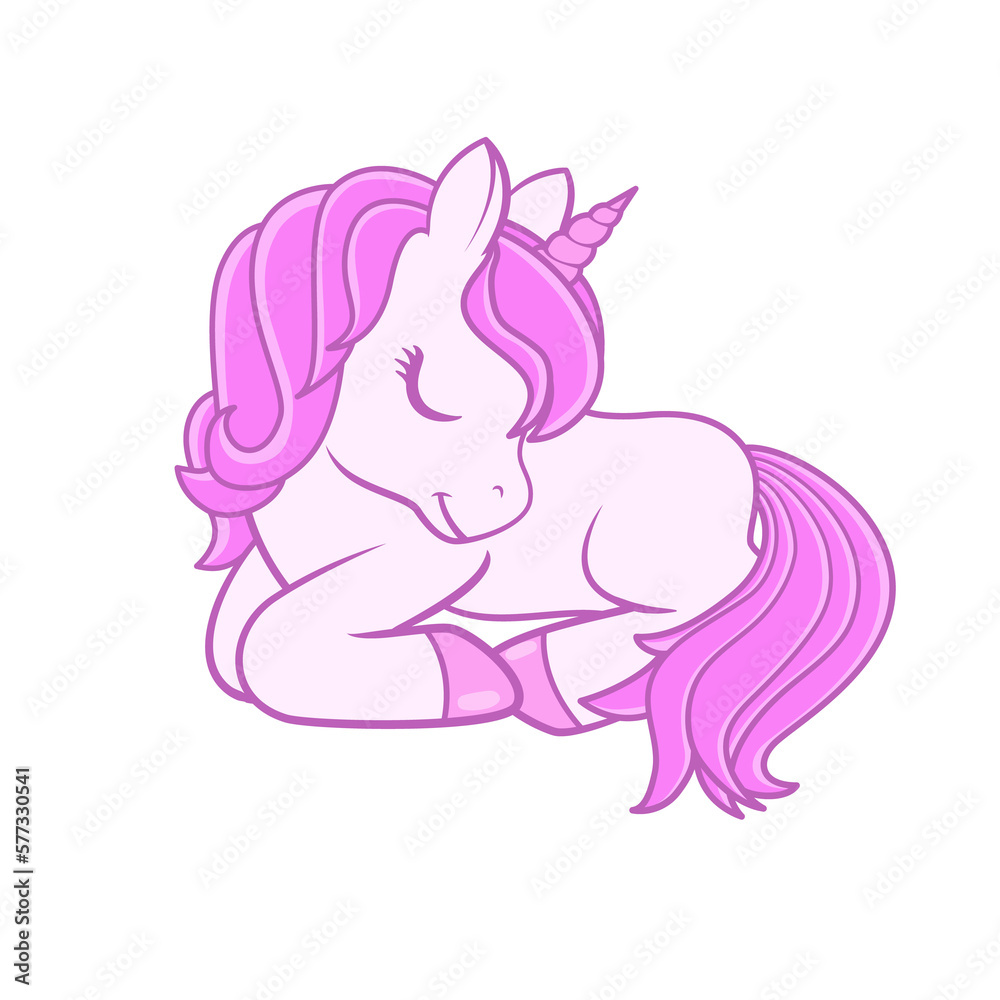 Wall mural Cute Cartoon Lying down Unicorn. Illustration on transparent background