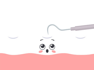 Checkup of a tooth by a dental explorer. Cute surprised tooth character. Illustration on transparent background