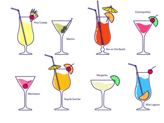Alcoholic cocktail collection - blue lagoon, manhattan, martini, tequila sunrise, pina colada, margarita, sex on the beach, cosmopolitan. Illustration on transparent background