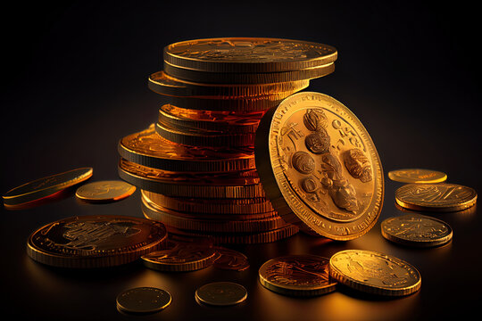 High Angle View Of Golden Coins On Gray Background. Generative Ai