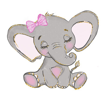 Cute Drawing Elephant With Bow 