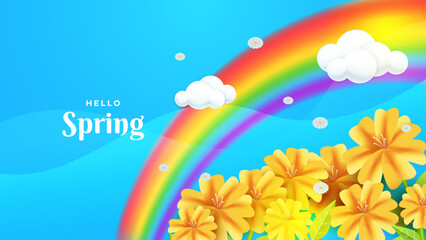 Fototapeta na wymiar Beautiful light blue spring landscape with rainbow. vector design