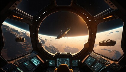 View from the cockpit of a spaceship, realistic, AI generated